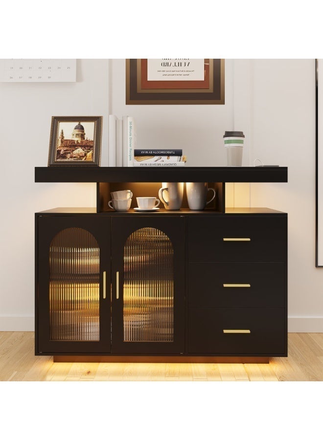 Eleva Home Sideboard Buffet Cabinet with Storage, 3 Drawers, 2 Doors, Auto-Sensor 20 Color Lights Console Table with Charging Station, Touch Control Console Coffee Bar Table for Kitchen, Dinning (Black) - Image 2